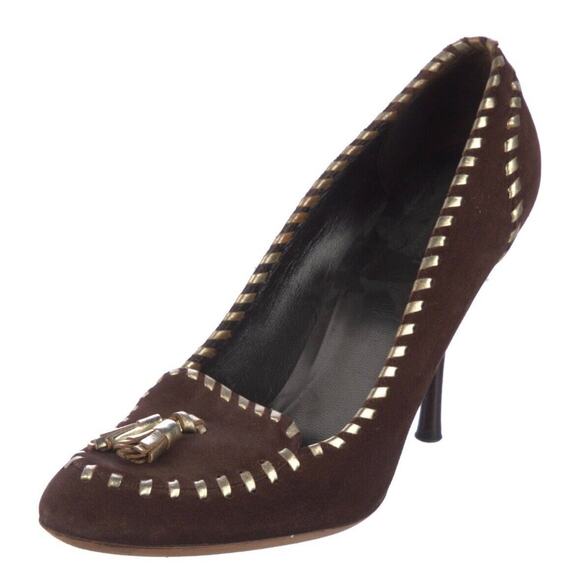 Authentic GUCCI Brown Suede Tassel Loafer Gold Stitch Heel Pumps Shoes Sz 8 - Picture 1 of 5